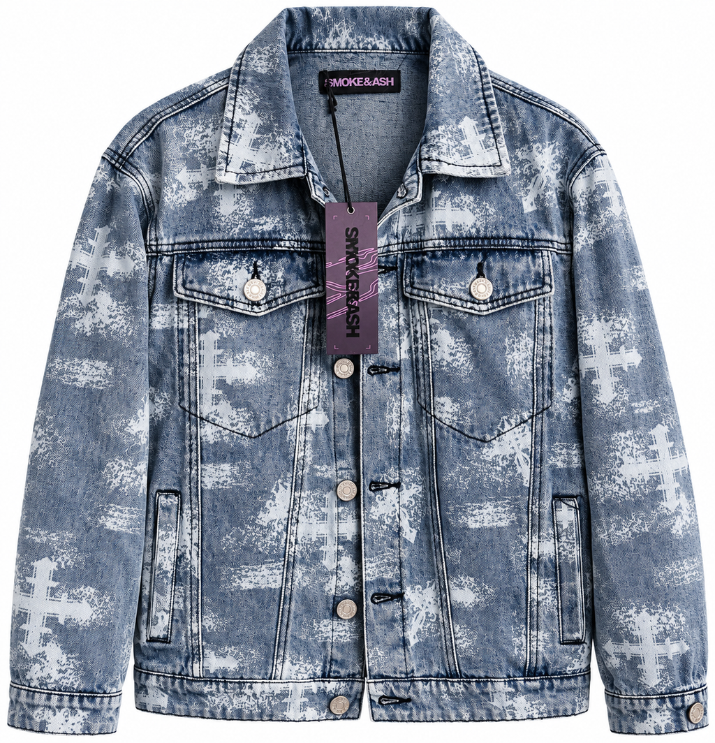 SMOKE&ASH Acid-Wash Denim Jacket – Blue/Grey