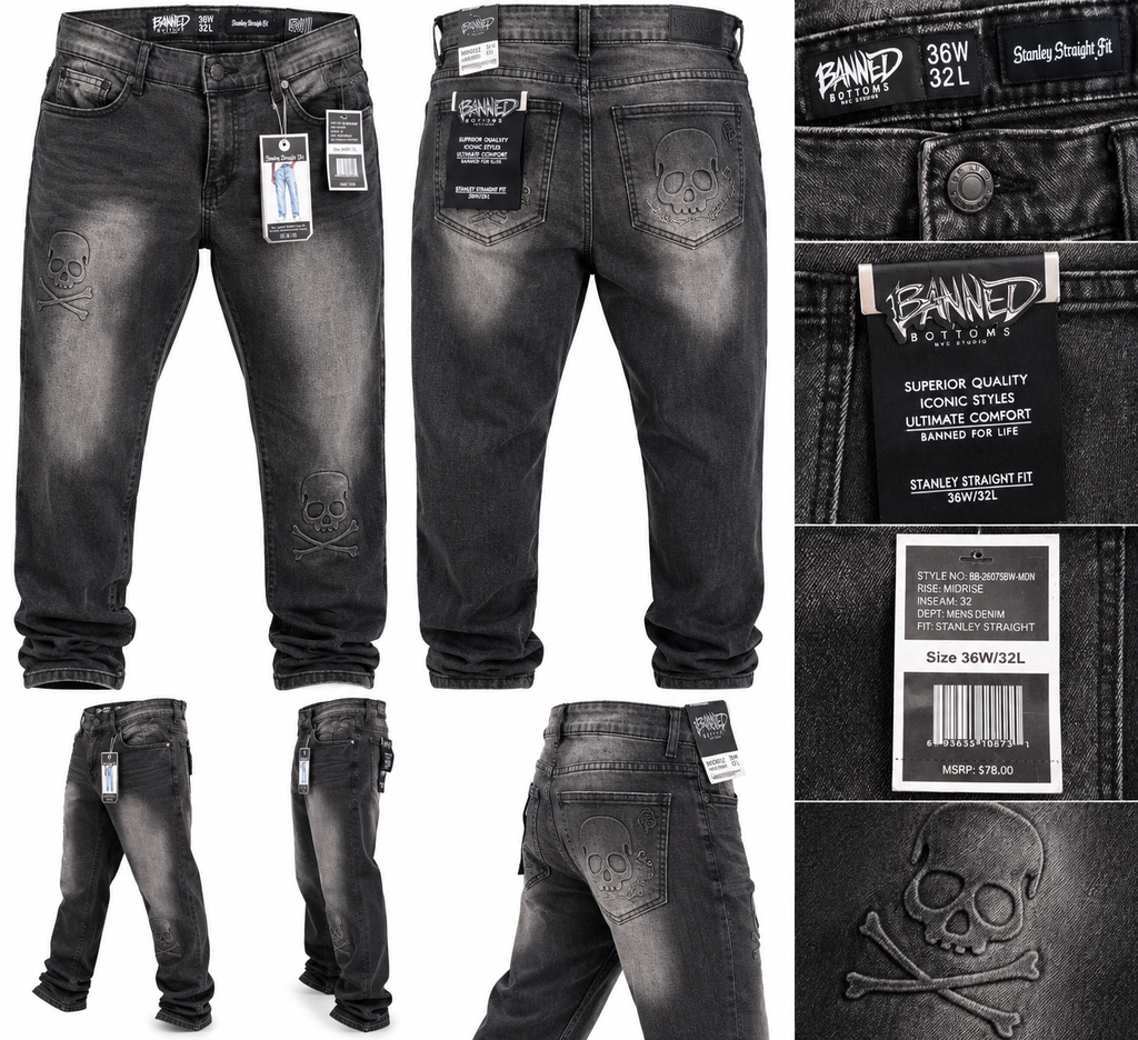 Banned Bottoms Stanley Straight Fit Skull Jeans – Midrise Black