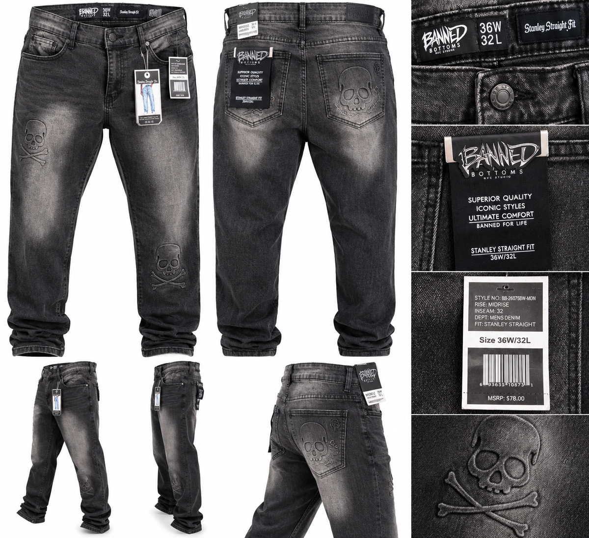 Banned Bottoms Stanley Straight Fit Skull Jeans – Midrise Black