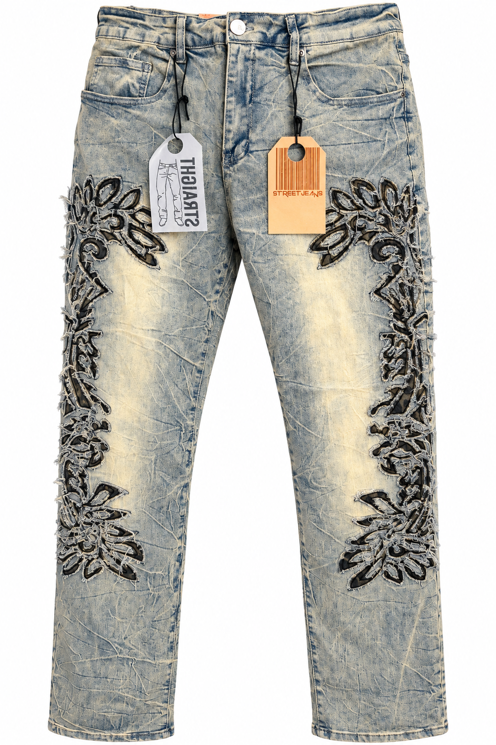 STREETJEANS Embroidered Vintage-Wash Statement Jeans – Light Blue