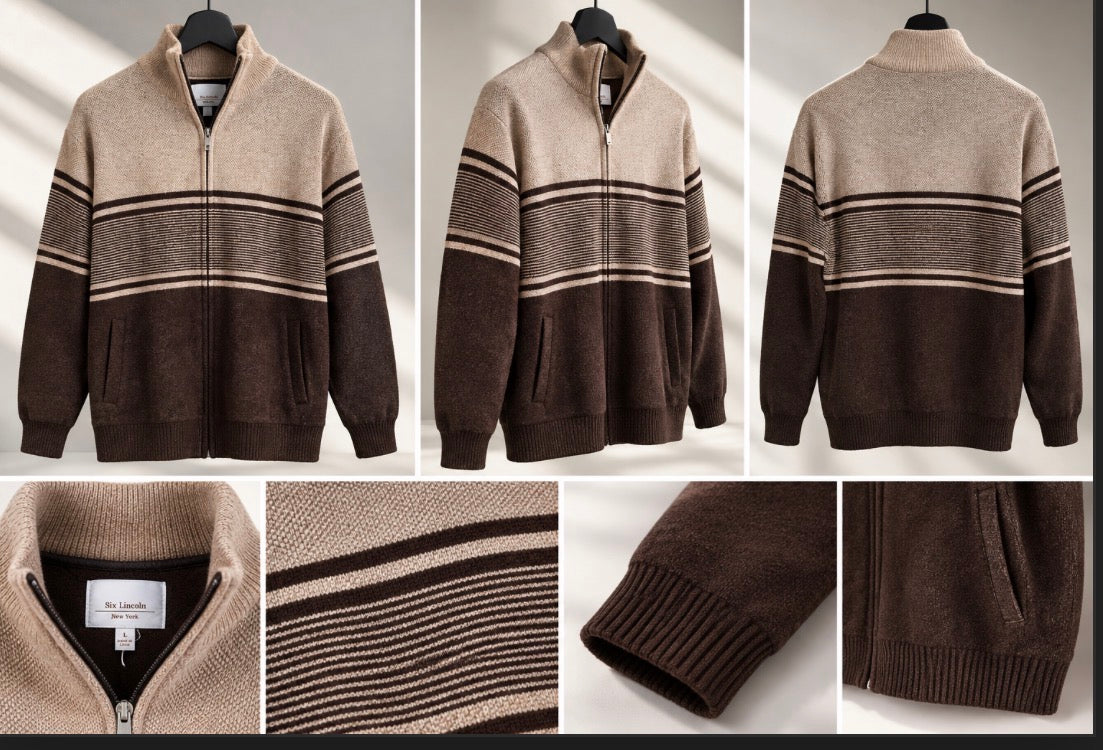 Six Lincoln New York Color block Full-Zip Sweater – Brown & Beige