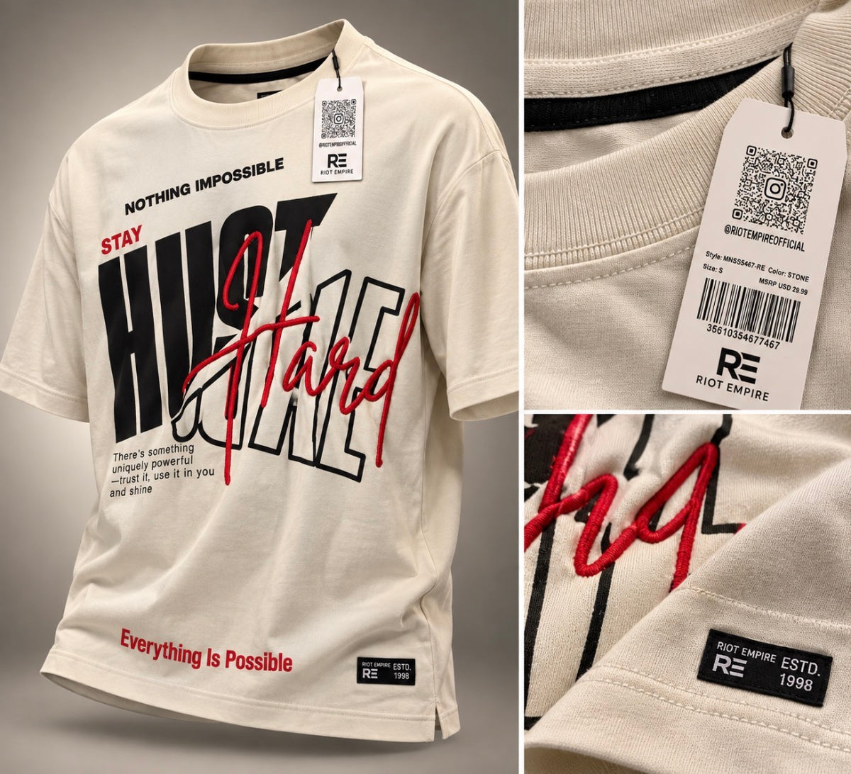 Riot Empire “Hustle Hard” Graphic T-Shirt — Stone