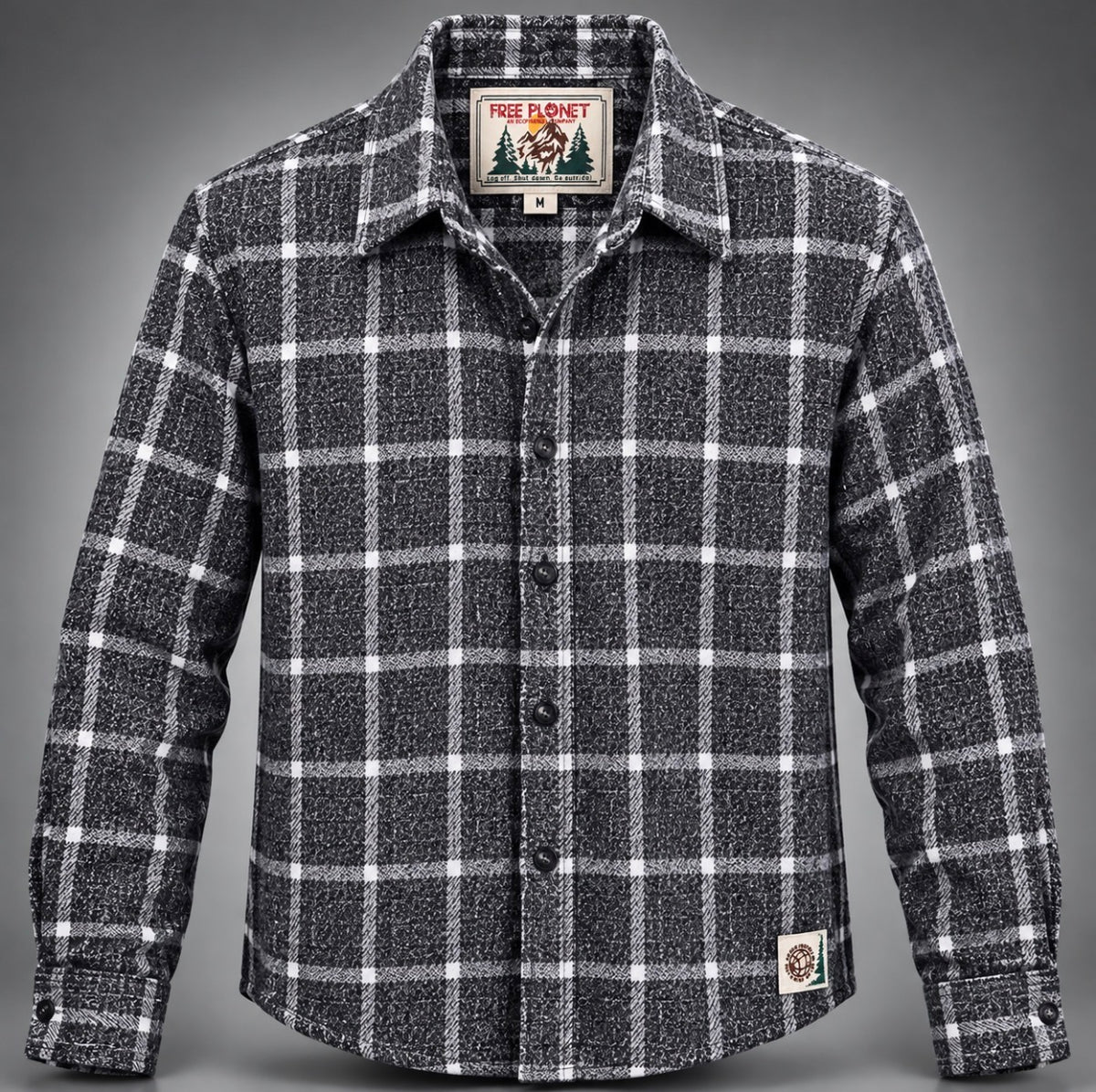 Free Planet Black & White Plaid Flannel Button-Up Shirt — Size M