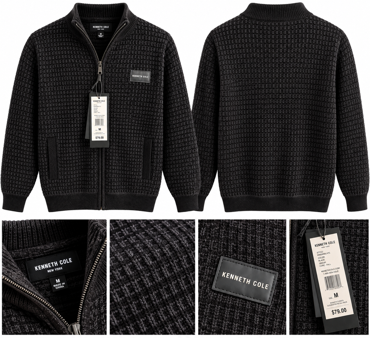 Kenneth Cole Textured Full-Zip Knit Jacket – Black