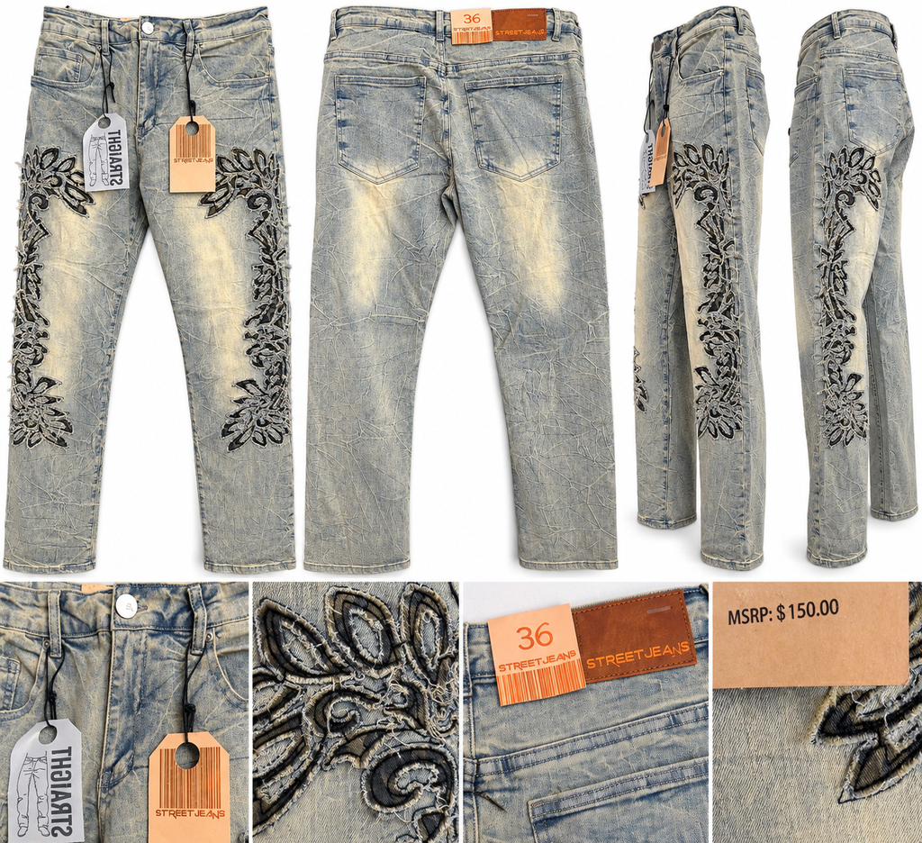 STREETJEANS Embroidered Vintage-Wash Statement Jeans – Light Blue