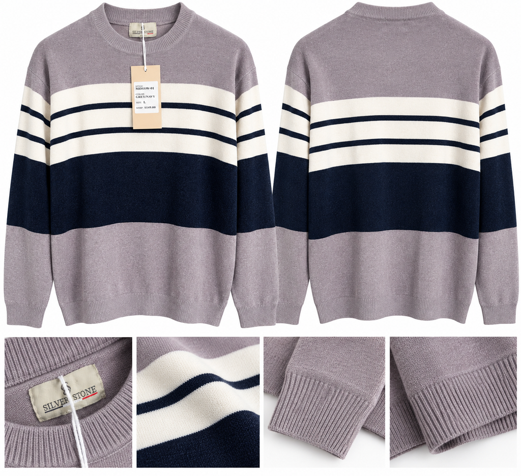 Silver Stone Grey & Navy Striped Knit Sweater