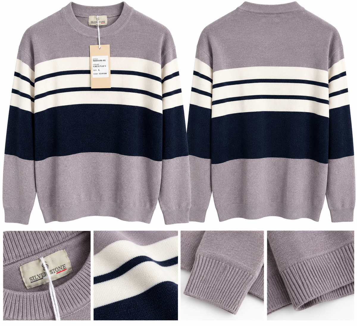 Silver Stone Grey & Navy Striped Knit Sweater